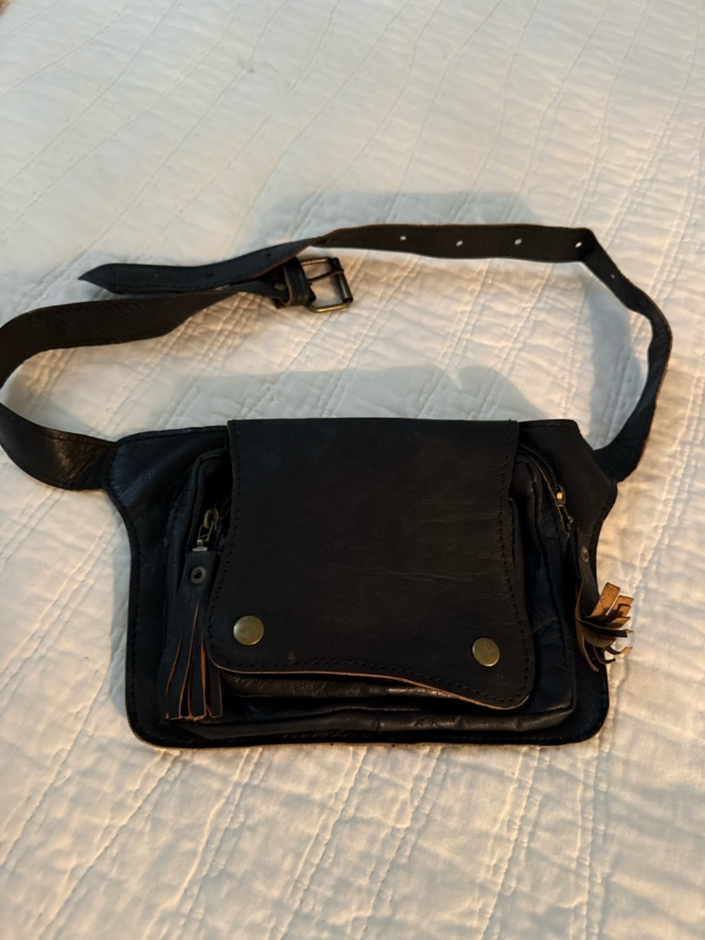 Vintage Black Leather Waist Bag - Classic Leather Utility Belt Bag
